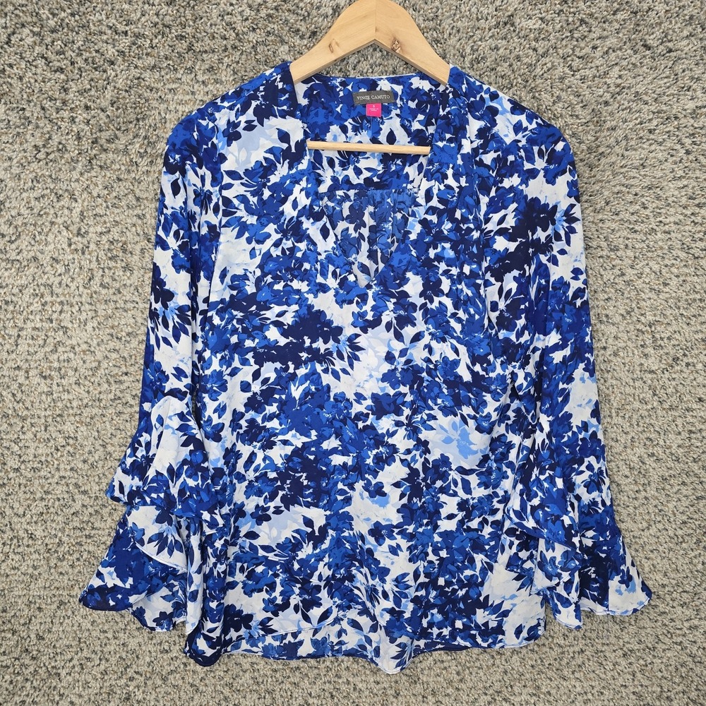 Vince Camuto Top Womens Small Blue V Neck Blouse Bell Sleeve Casual Ladies‎